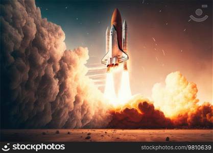 Space shuttle rockets launching into space on the sky. Spacecraft flieing into space with a lot of smoke. Generative AI