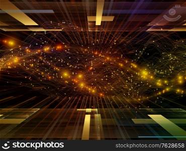 Space Signal. Virtual Wave series. Abstract background made of horizontal sine waves and light particles on the theme of data transfer, virtual, artificial, mathematical reality.
