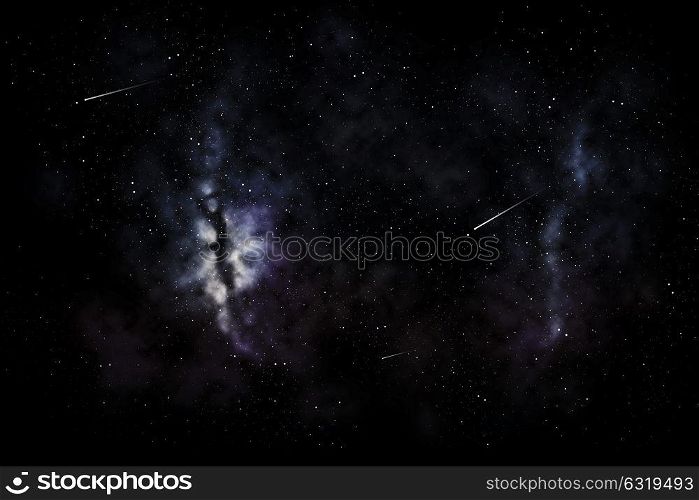 space, skyscape and astronomy - shooting stars and galaxy in night sky illustration. shooting stars and galaxy in space or night sky