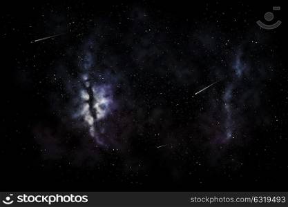 space, skyscape and astronomy - shooting stars and galaxy in night sky illustration. shooting stars and galaxy in space or night sky