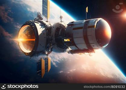Space station and space ship in the outer space. Earth sunshine on the background. Neural network AI generated art. Space station and space ship in the outer space. Earth sunshine on the background. Neural network AI generated