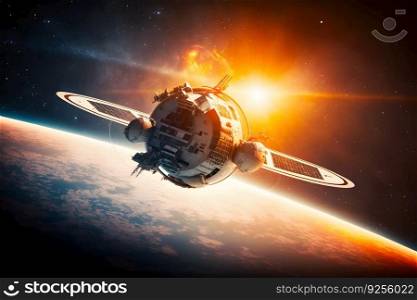 Space station and space ship in the outer space. Earth sunshine on the background. Neural network AI generated art. Space station and space ship in the outer space. Earth sunshine on the background. Neural network AI generated