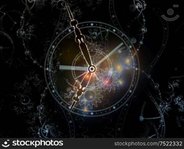 Space Time. Faces of Time series. Arrangement of clock dials and abstract elements on theme of science, education and modern technologies
