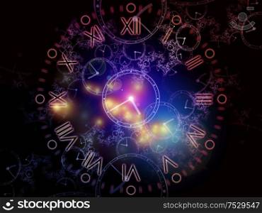 Space Time. Faces of Time series. Arrangement of clock dials and abstract elements on theme of science, education and modern technologies