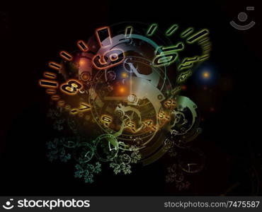 Space Time. Faces of Time series. Graphic composition of clock dials and abstract elements  for subject of science, education and modern technologies