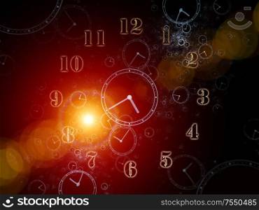 Space Time. Faces of Time series. Graphic composition of clock dials and abstract elements for subject of science, education and modern technologies