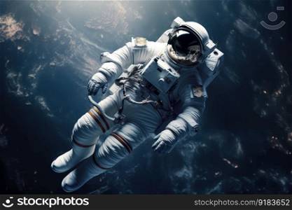 space tourist floating in zero gravity, with the stars above, created with generative ai. space tourist floating in zero gravity, with the stars above