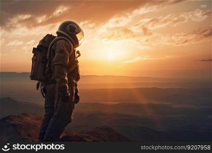 space tourist observing sunset on the planet, with visible atmospheric layers and clouds, created with generative ai. space tourist observing sunset on the planet, with visible atmospheric layers and clouds