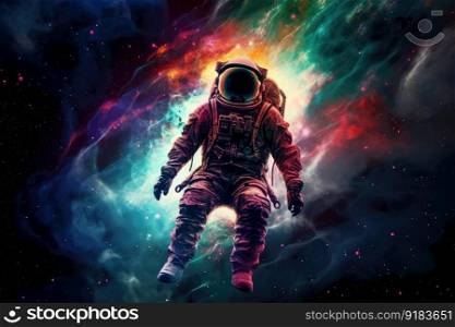 space tourist, with view of colorful nebula, floating through the cosmos, created with generative ai. space tourist, with view of colorful nebula, floating through the cosmos