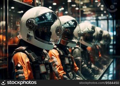 Space travel concept. Futuristic suits on storefront. Spacesuits in store showcase. Cosmic suits. Spacesuits standing in shopfront. Space journey