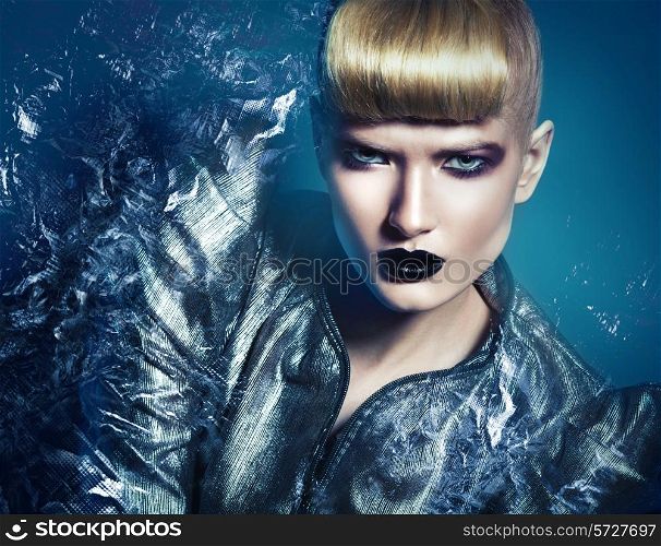 space woman in silver jacket and abstract