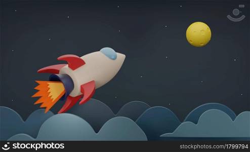 Spacecraft rocket launch and travel to the moon or 3D rendering illustration