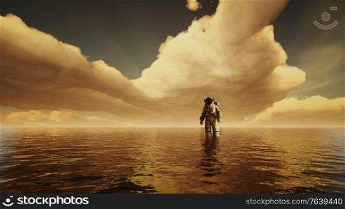 Spaceman in the sea under clouds at sunset