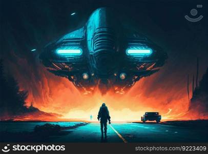 Spaceship and a man walking along the road illustration. AI generative.