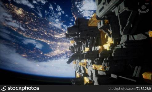 spaceship with view on space and planet Earth 3D rendering. Spaceship with View on Space and Planet Earth