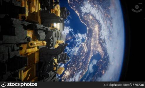spaceship with view on space and planet Earth 3D rendering elements of this image furnished by NASA. Spaceships in space 3D rendering