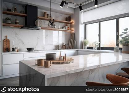 Spacious kitchen interior with a wooden countertop and coffee table, perfect for preparing meals and entertaining guests, AI Generative.