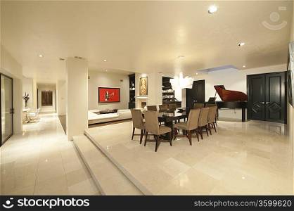 Spacious white living interior with grand piano