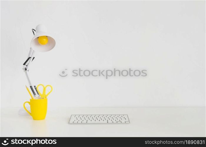 spacious workplace with yellow mug keyboard. Resolution and high quality beautiful photo. spacious workplace with yellow mug keyboard. High quality and resolution beautiful photo concept