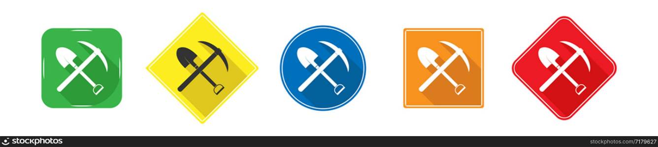 Spade icon and pickaxe icon on colored circle and square, long shadow