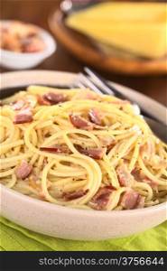Spaghetti alla Carbonara made with bacon, eggs, cheese and black pepper served in bowl with cheese to grate in the back (Selective Focus, Focus one third into the meal)
