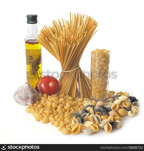 spaghetti and pasta in front of white background