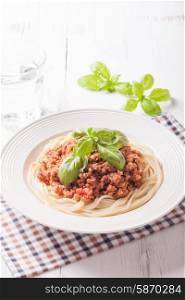 Spaghetti bolognese on a plate and basil
