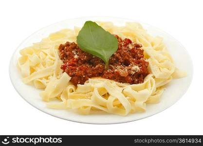 Spaghetti bolognese on white plate