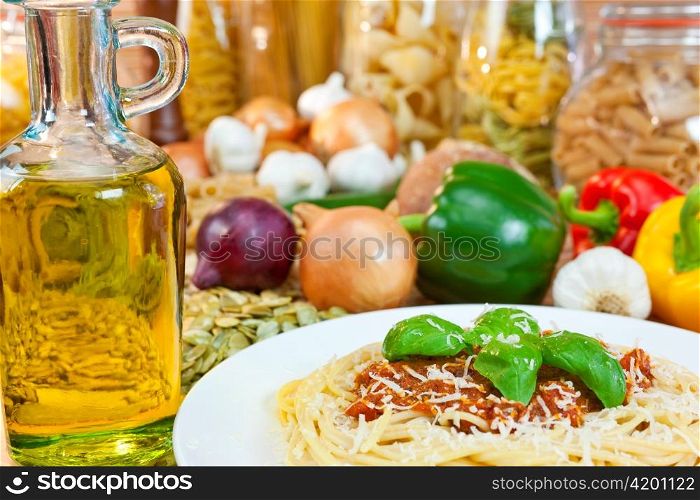 Spaghetti Bolognese, Pasta, Olive Oil & Fresh Vegetable Ingredients