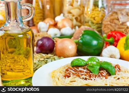 Spaghetti Bolognese, Pasta, Olive Oil & Fresh Vegetable Ingredients