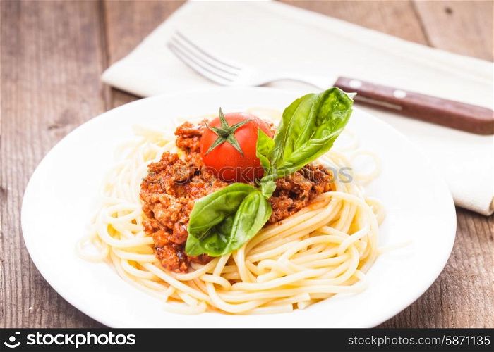 Spaghetti bolognese - pasta with tomato sauce and minced meat. Spaghetti bolognese