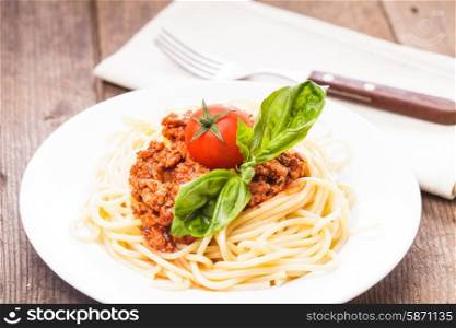 Spaghetti bolognese - pasta with tomato sauce and minced meat. Spaghetti bolognese