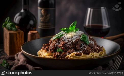 Spaghetti bolognese with parmesan cheese and red wine to go with. Generative AI