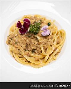 Spaghetti Cabonara pasta meat sauce with cream parmesan cheese, gourmet italian and mesiterranean cuisine recipe for food and drink industry concept.