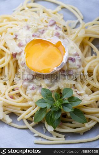spaghetti carbonara on a white plate