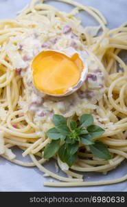 spaghetti carbonara on a white plate