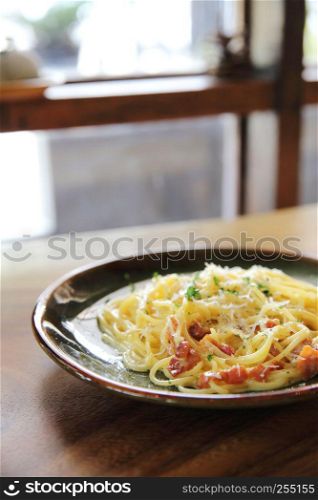 spaghetti carbonara on closeup