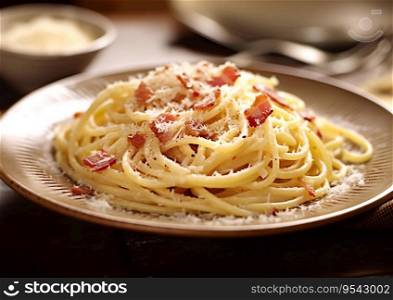 Spaghetti carbonara with cheese and sauce in plate.AI Generative