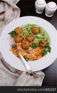 Spaghetti from carrots and spinach with chicken meatballs flavored cheese parmesan, herb