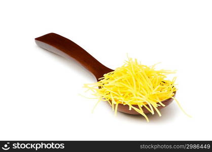 Spaghetti in wooden spoon isolated on white