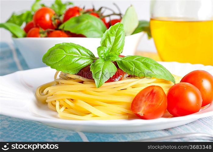Spaghetti on the white plate with tomato sauce