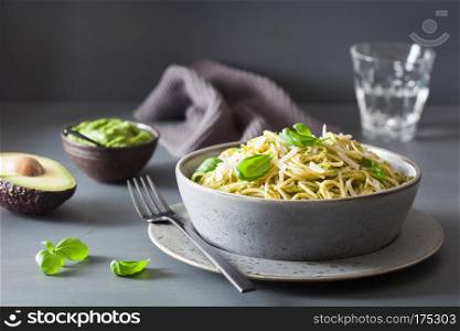 spaghetti pasta with avocado basil pesto sauce