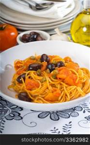 spaghetti pasta with fresh home made puttanesca sauce