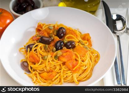 spaghetti pasta with fresh home made puttanesca sauce