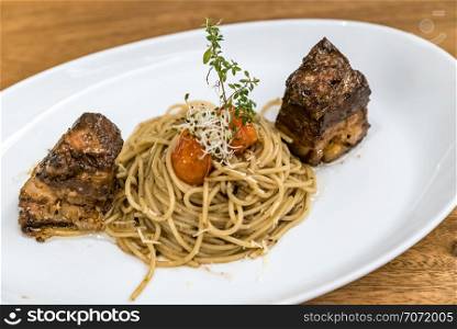 Spaghetti pasta with Pork Belly Thai southern style