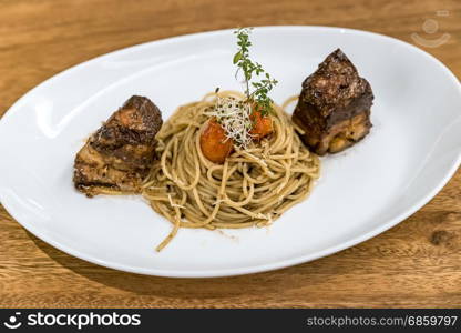 Spaghetti pasta with Pork Belly Thai southern style. Spaghetti with Pork Belly