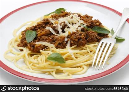 Spaghetti served with a homemade bolognese sauce, incorporating tomato puree, minced beef, wine, pine-nuts, onion, garlic, oregano, allspice, salt and pepper, and topped with parmesan cheese and fresh basil leaves. Although based on Italian ingredients, spaghetti bolognese is a non-Italian interpretation of the traditional ragu.