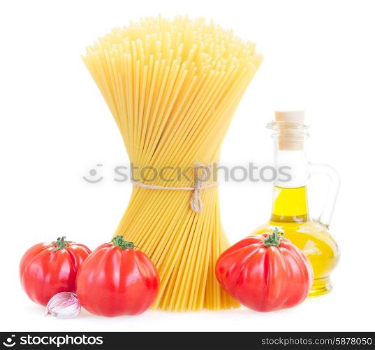spaghetti. Spaghetti pasta with raw tomatoes and olive oil isolated on white background