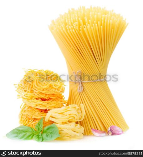 Spaghetti, tonarelli and tagliatelle pasta with basil leaves on white background