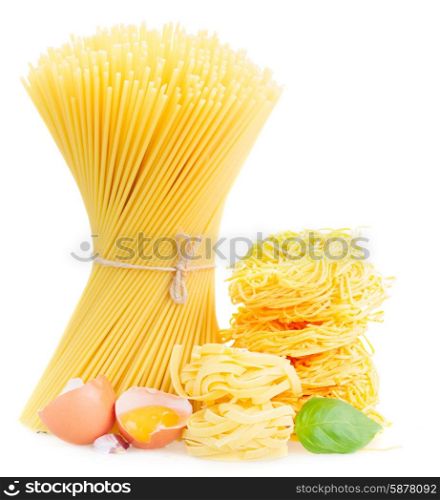 Spaghetti, tonarelli and tagliatelle pasta with raw egg on white background